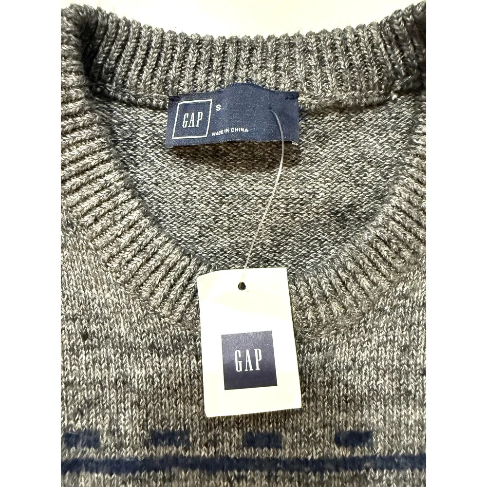 GAP Sweater Mens Small Gray Blue Fair Isle Stripe‎ Crewneck Knit Pullover NWT